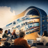 Diverse independent journalists watch Australian news content flow through a large digital gateway representing powerful technology platforms.