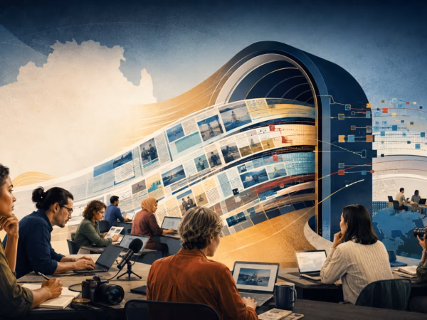 Diverse independent journalists watch Australian news content flow through a large digital gateway representing powerful technology platforms.