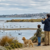 A family and their leashed dog observe waterbirds from a safe distance at a Greater Geelong coastal wetland while an adult records the sighting.