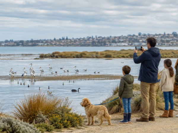 A family and their leashed dog observe waterbirds from a safe distance at a Greater Geelong coastal wetland while an adult records the sighting.
